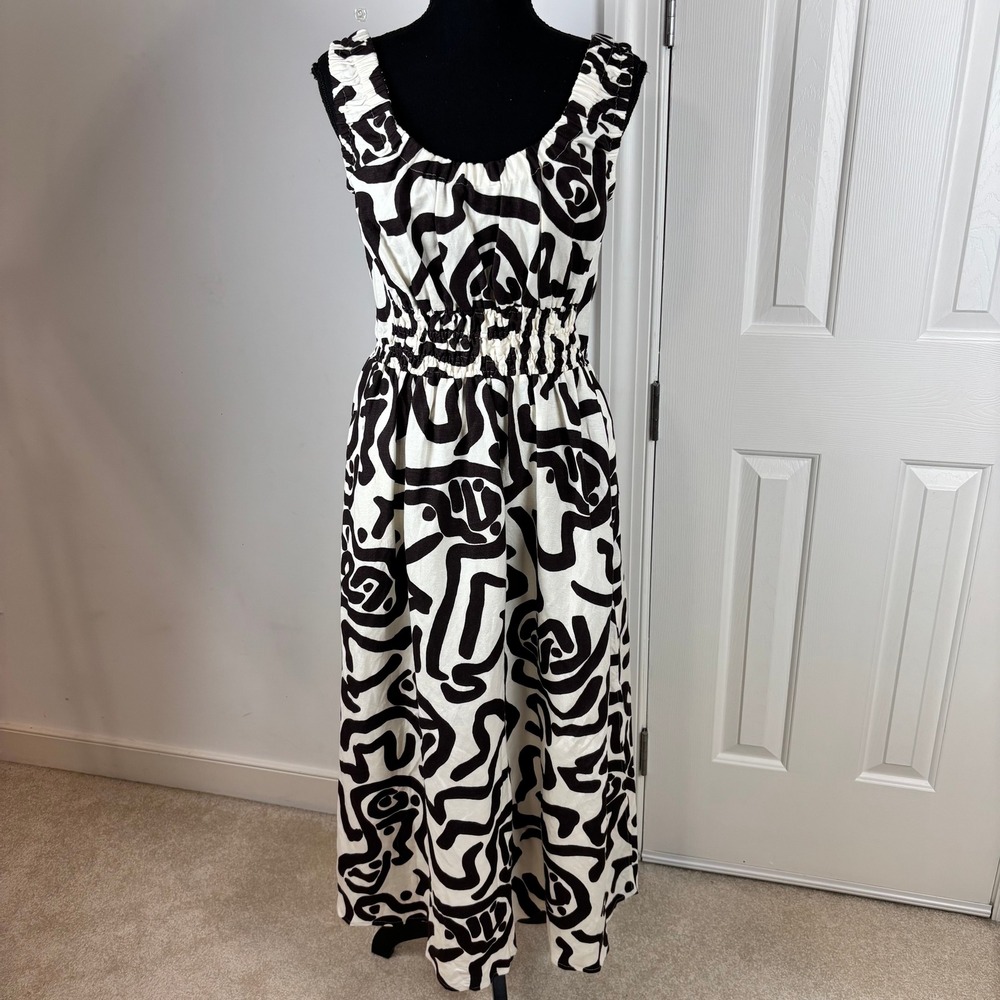 REISS Akari Printed Midi Dress Brown White Sleeveless Gathered Waist Size 2 NWOT